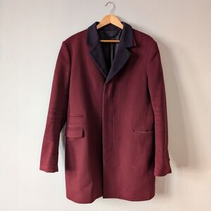 KENZO Men's Burgundy Cashmere Wool Coat with Contrasting Collar